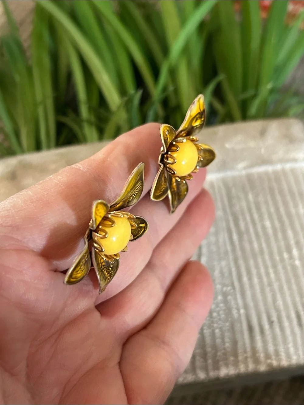 Vintage Yellow Flower Clip-On Earrings amber colored petals unique